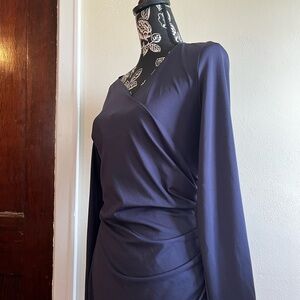 Navy Long-Sleeve Wrap Dress with Draped Ruching